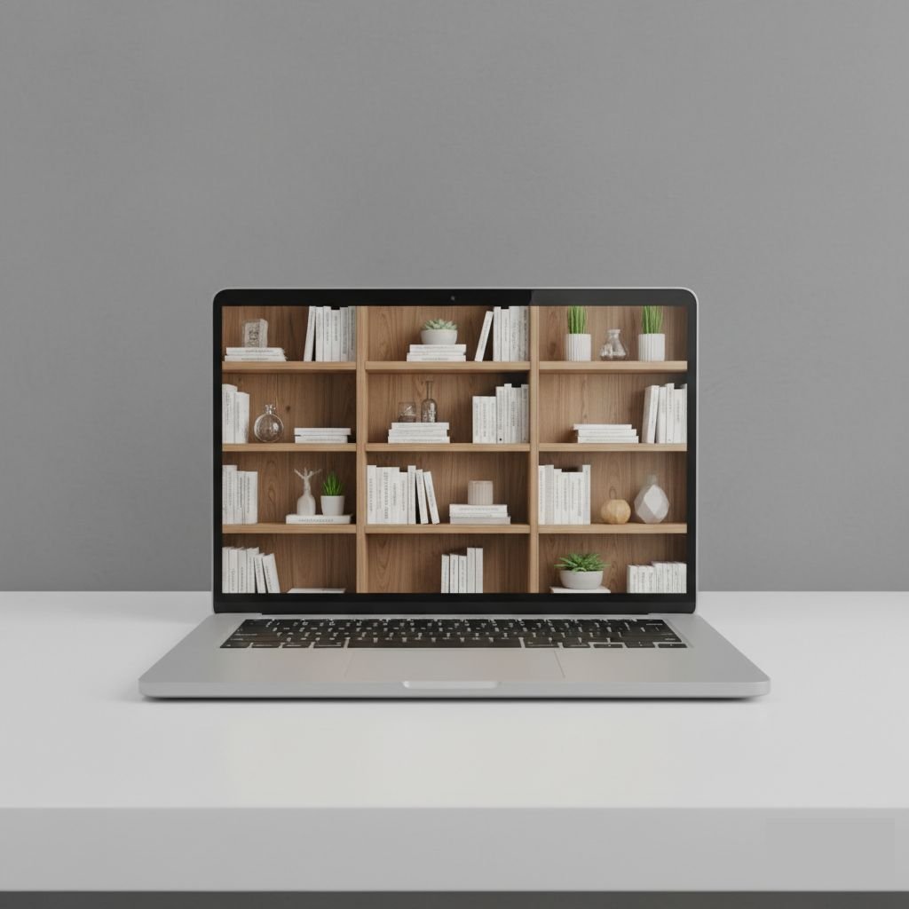 laptop con estanterias en su pantalla